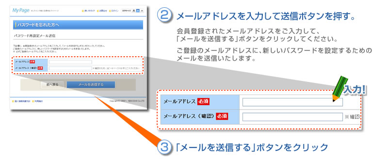 (2)メールアドレスを入力して送信ボタンを押す　会員登録されたメールアドレスをご入力して、「メールを送信する」ボタンをクリックしてください。　ご登録のメールアドレスに、新しいパスワードを設定するためのメールを送信いたします。