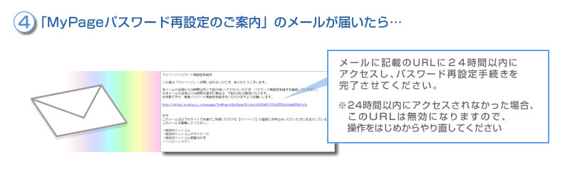 (3)「MyPageパスワード再設定のご案内」のメールが届いたら…　メールに記載のURLに２４時間以内にアクセスし、パスワード再設定手続きを完了させてください。（24時間以内にアクセスされなかった場合、このURLは無効になりますので、操作をはじめからやり直してください）